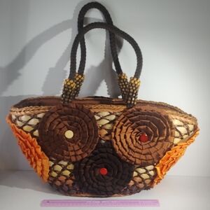 Chico's Brown and Orange Tote with Rosette Accents
